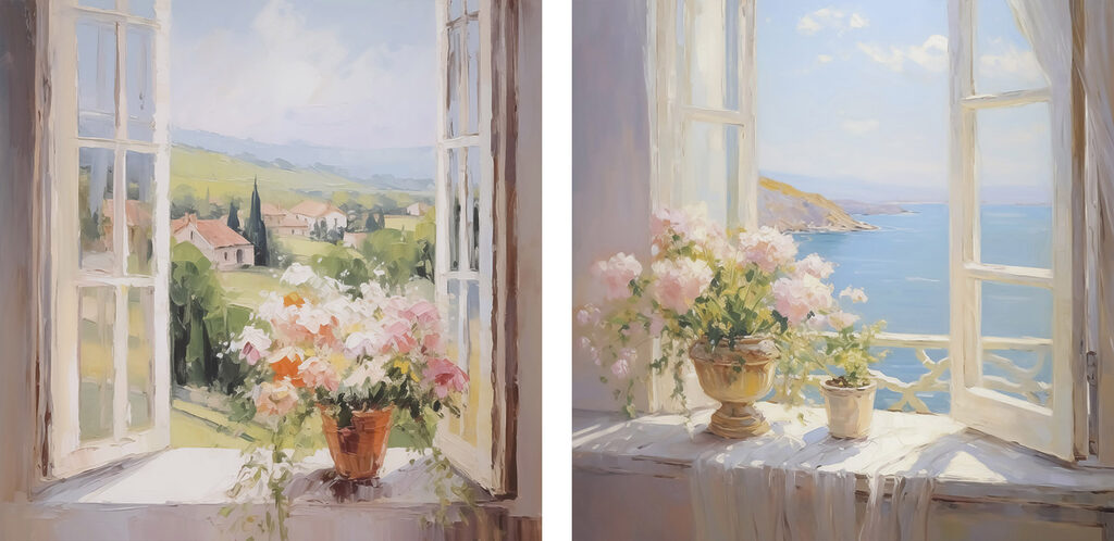 Painting of flowers on a window sill Painting of flowers on a window sill