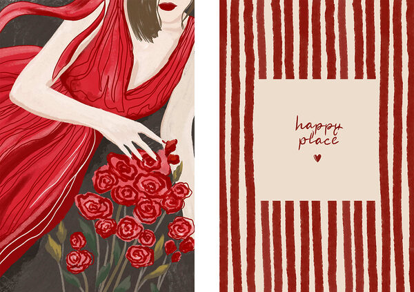 Woman in a red dress holding flowers