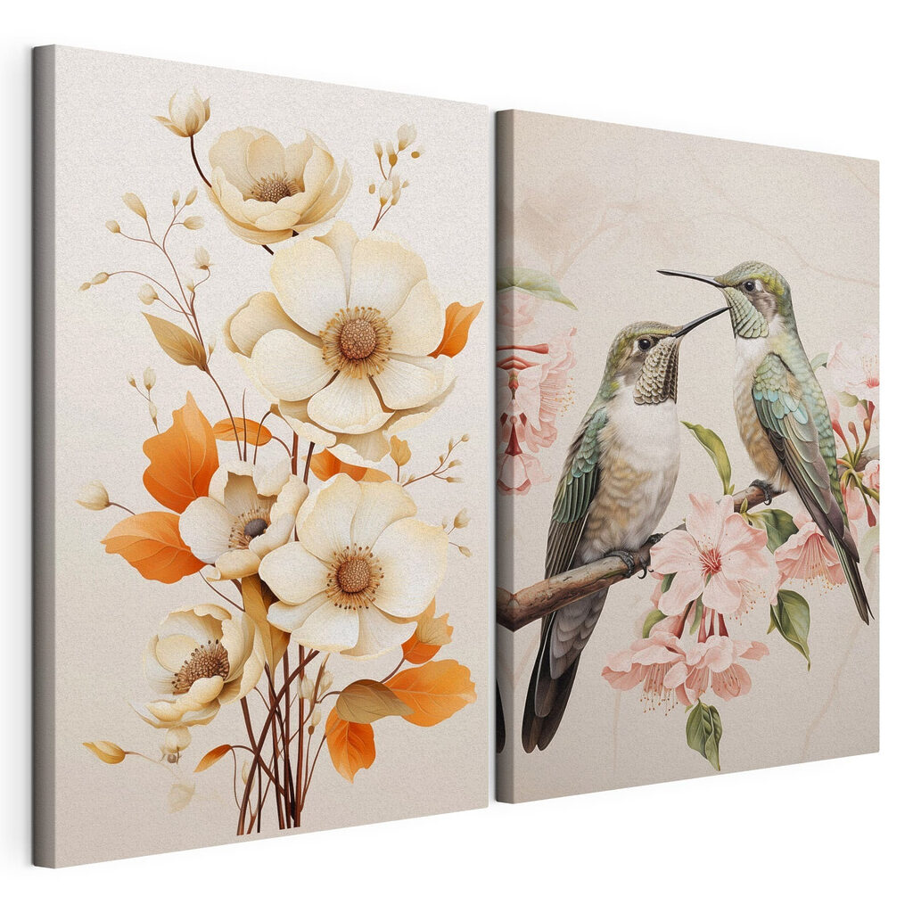 Two birds on a branch with flowers