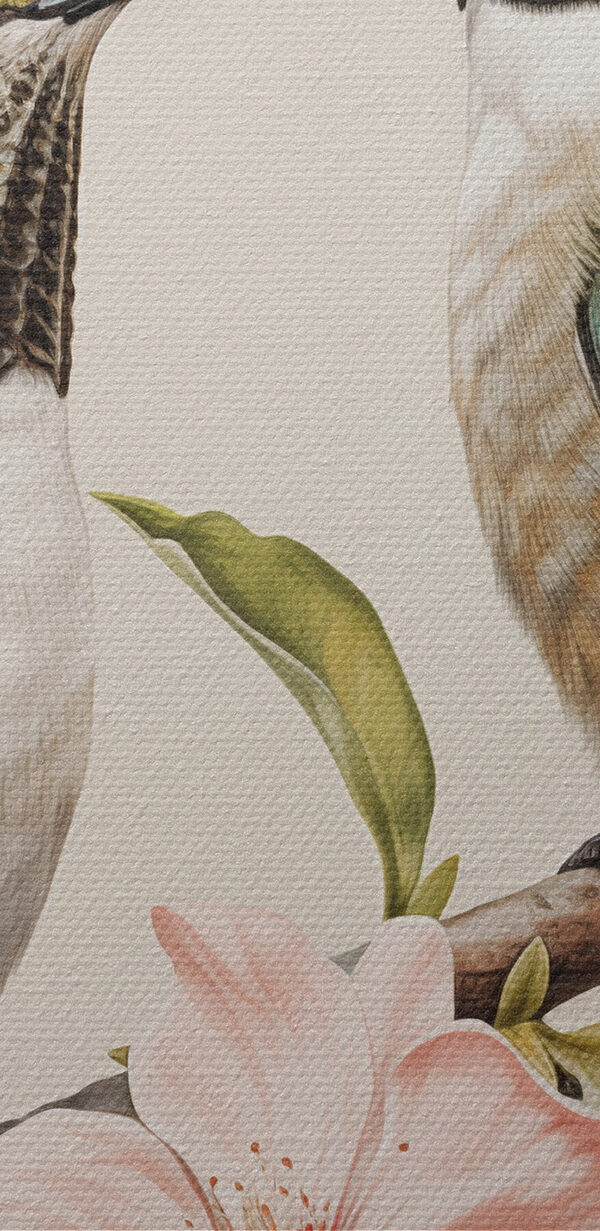 Two birds on a branch with flowers
