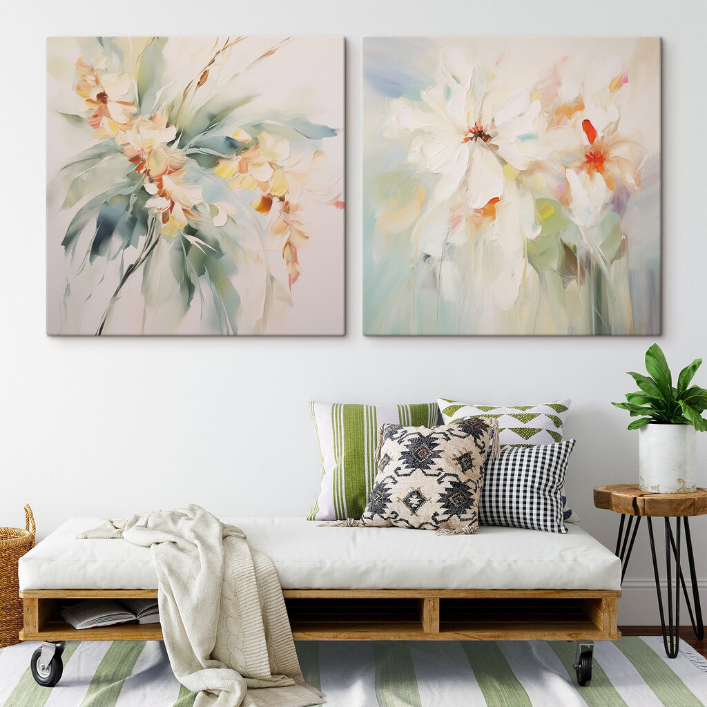 Two paintings of flowers on a white surface Two paintings of flowers on a white surface