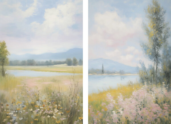 Painting of a landscape with a river and a field of flowers