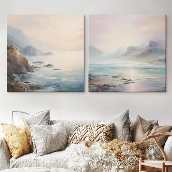 Painting of a beach and a rocky beach
