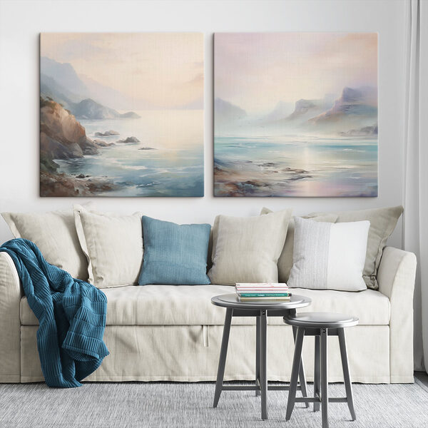 Painting of a beach and a rocky beach