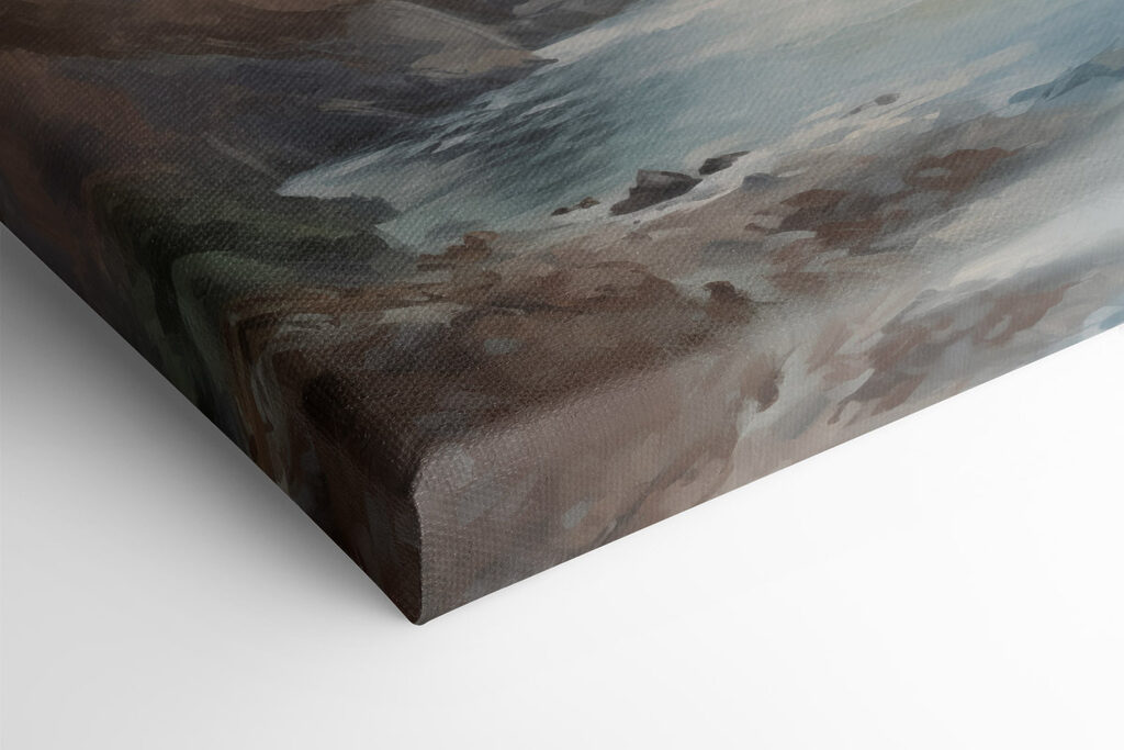 Painting of a beach and a rocky beach