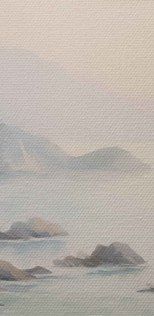Painting of a beach and a rocky beach