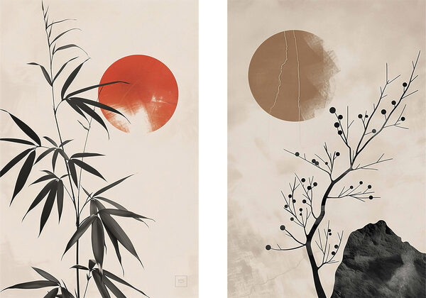 Two images of plants and a red sun Two images of plants and a red sun