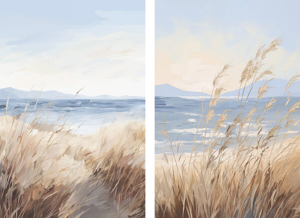 Painting of a beach and grass