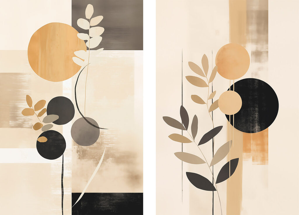 Two paintings of circles and leaves Two paintings of circles and leaves
