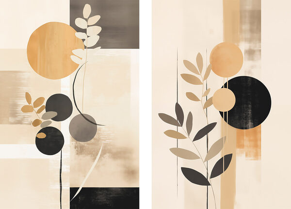 Two paintings of circles and leaves Two paintings of circles and leaves