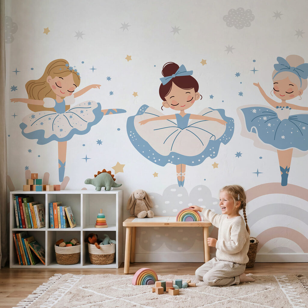 Skupina dievčat v modro-bielych tutu sukienkach Skupina dievčat v modro-bielych tutu sukienkach