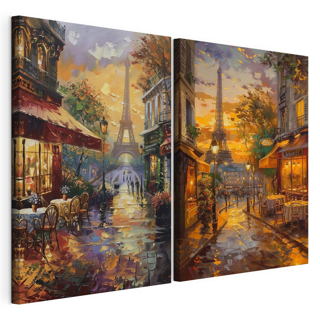 Painting of a street with a tower in the background