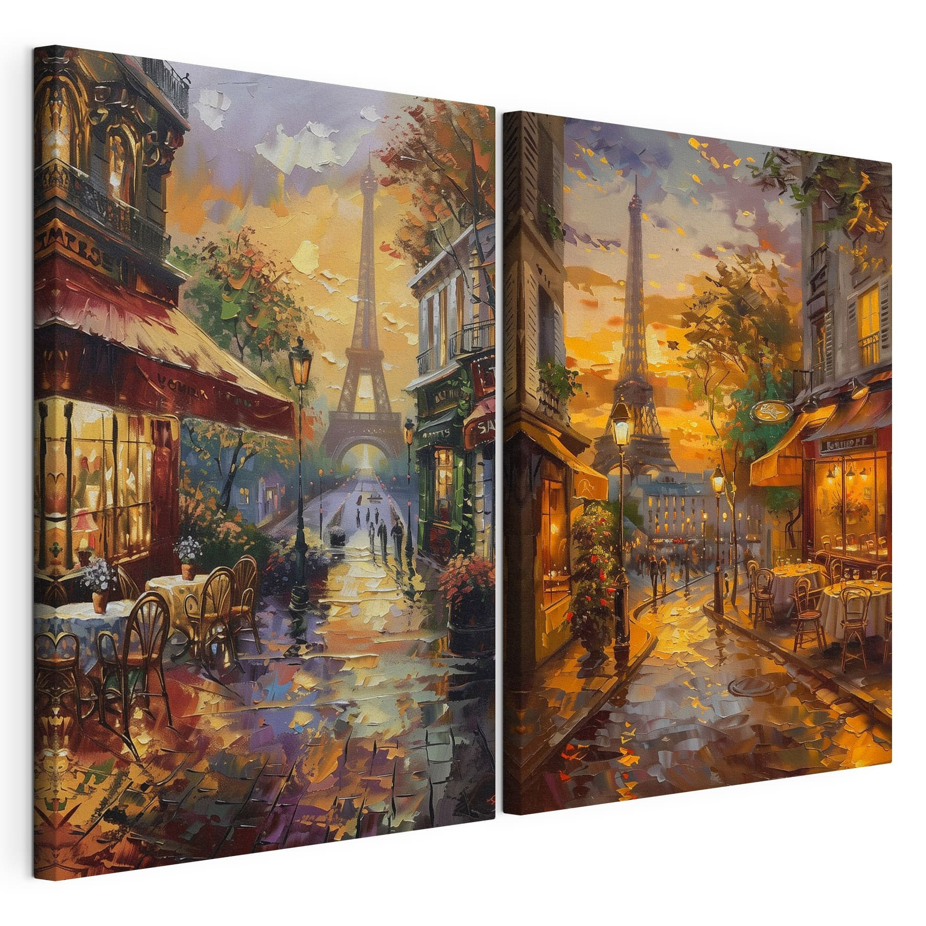 Painting of a street with a tower in the background