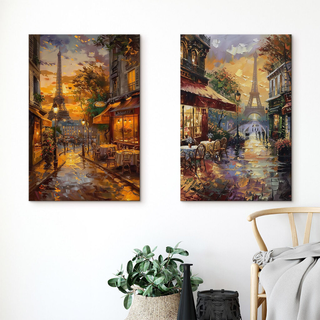 Painting of a street with a tower in the background