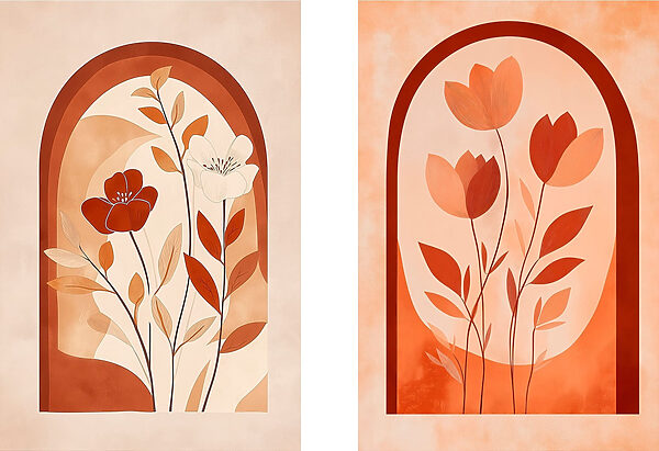 Two paintings of flowers and leaves