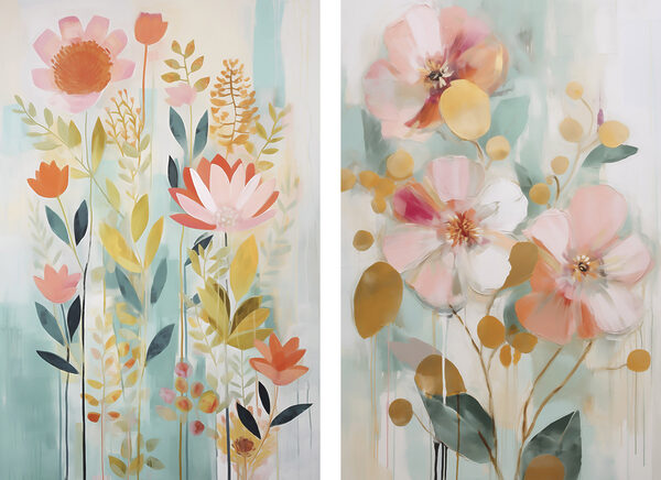 Two paintings of flowers and leaves Two paintings of flowers and leaves