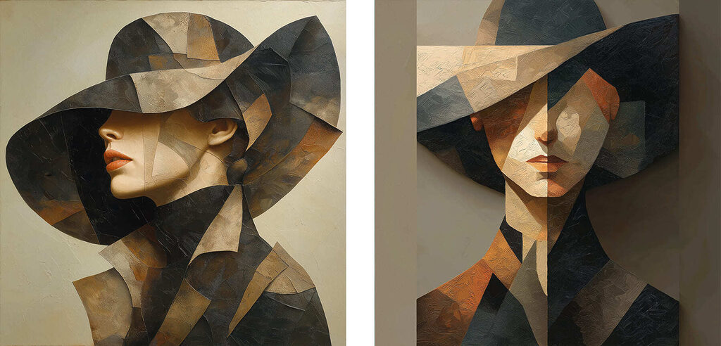 Collage of a painting of a woman in a hat