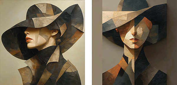 Collage of a painting of a woman in a hat