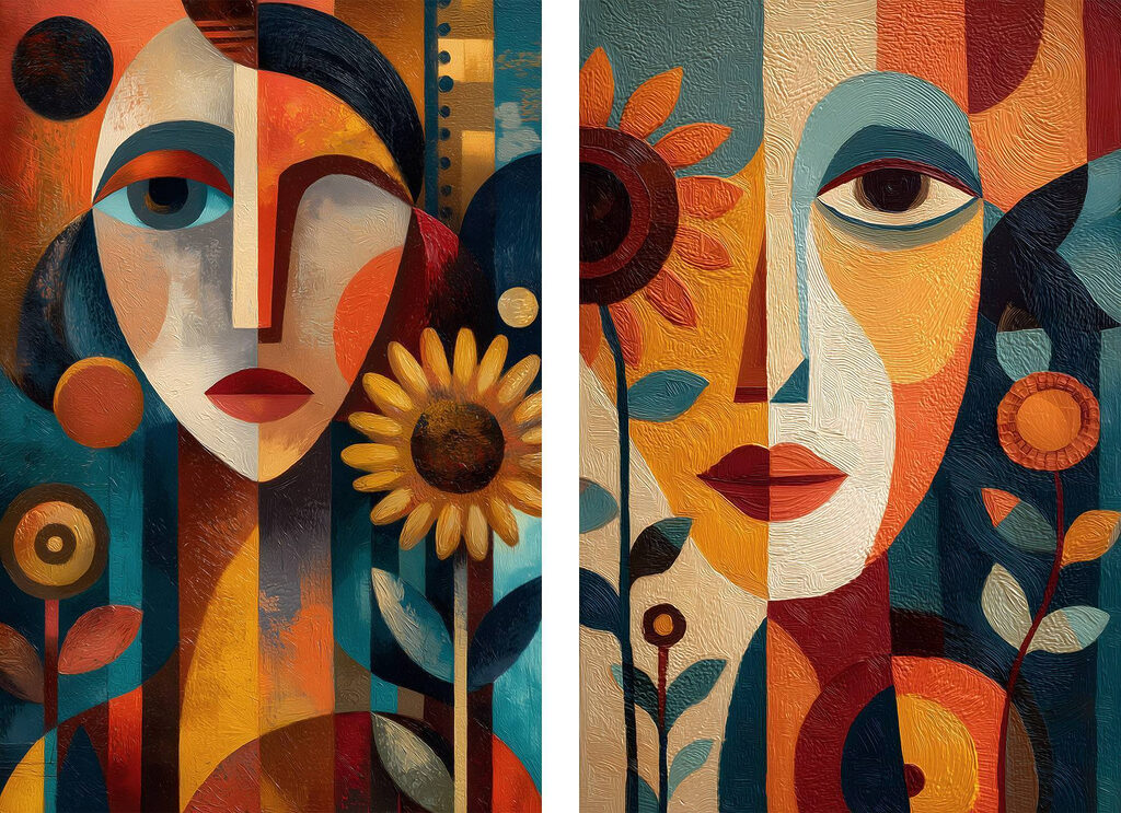 Collage of a painting of a woman and a woman Collage of a painting of a woman and a woman