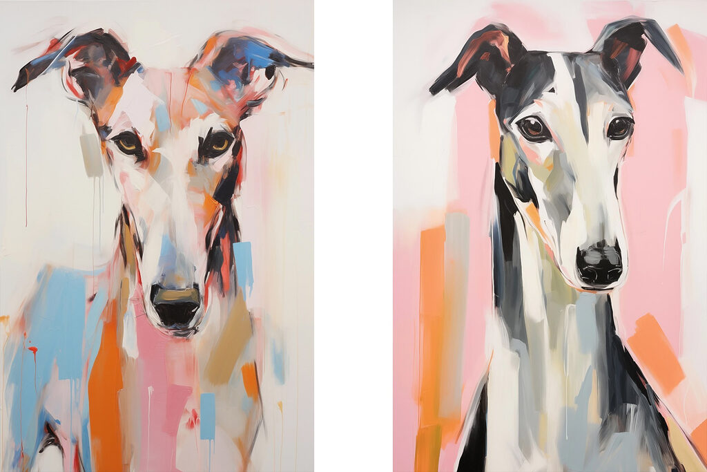 Two paintings of dogs on a wall Two paintings of dogs on a wall
