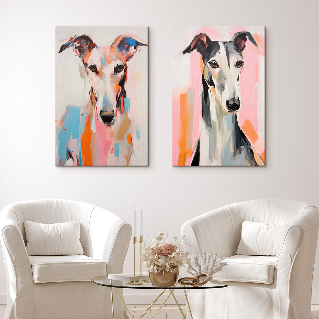 Two paintings of dogs on a wall Two paintings of dogs on a wall