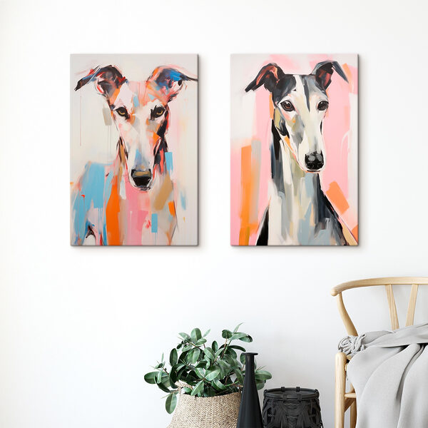 Two paintings of dogs on a wall Two paintings of dogs on a wall