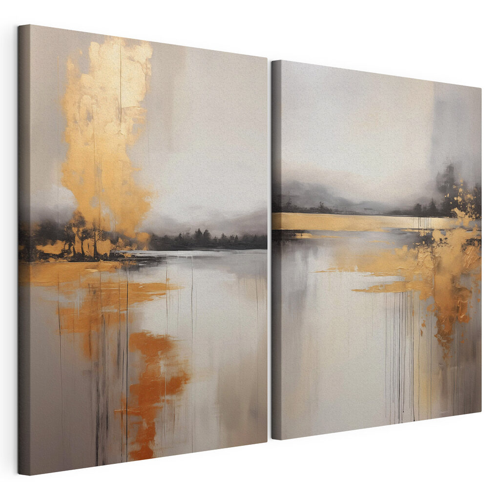 Painting of a lake and a foggy landscape