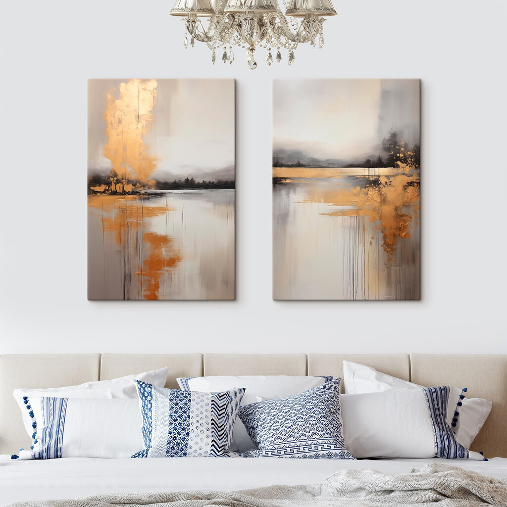 Painting of a lake and a foggy landscape