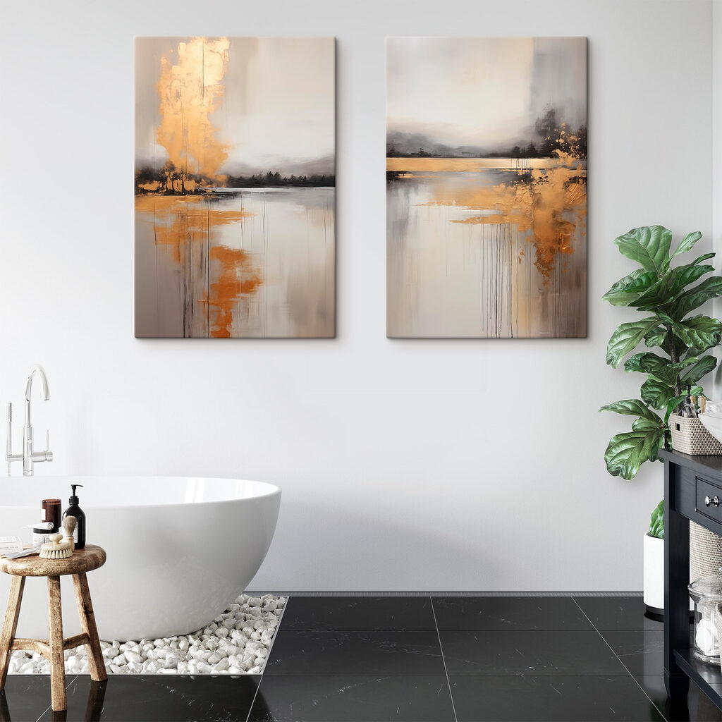 Painting of a lake and a foggy landscape
