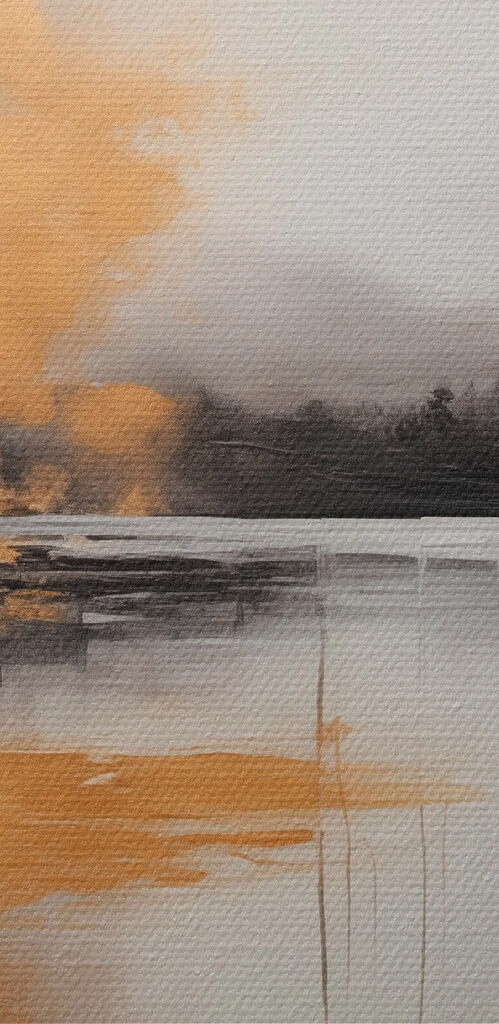 Painting of a lake and a foggy landscape