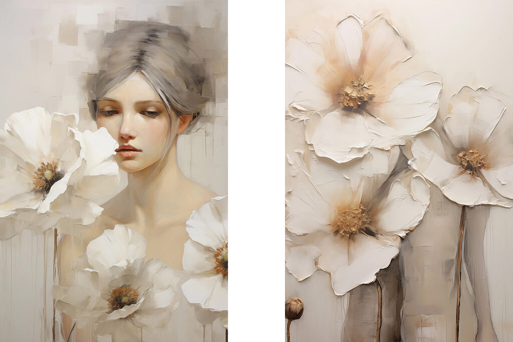Painting of a woman with white flowers Painting of a woman with white flowers