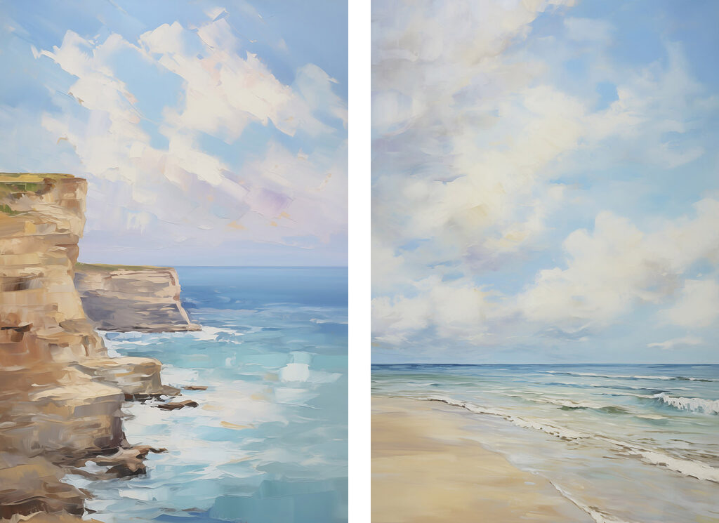 Painting of a beach and a cliff