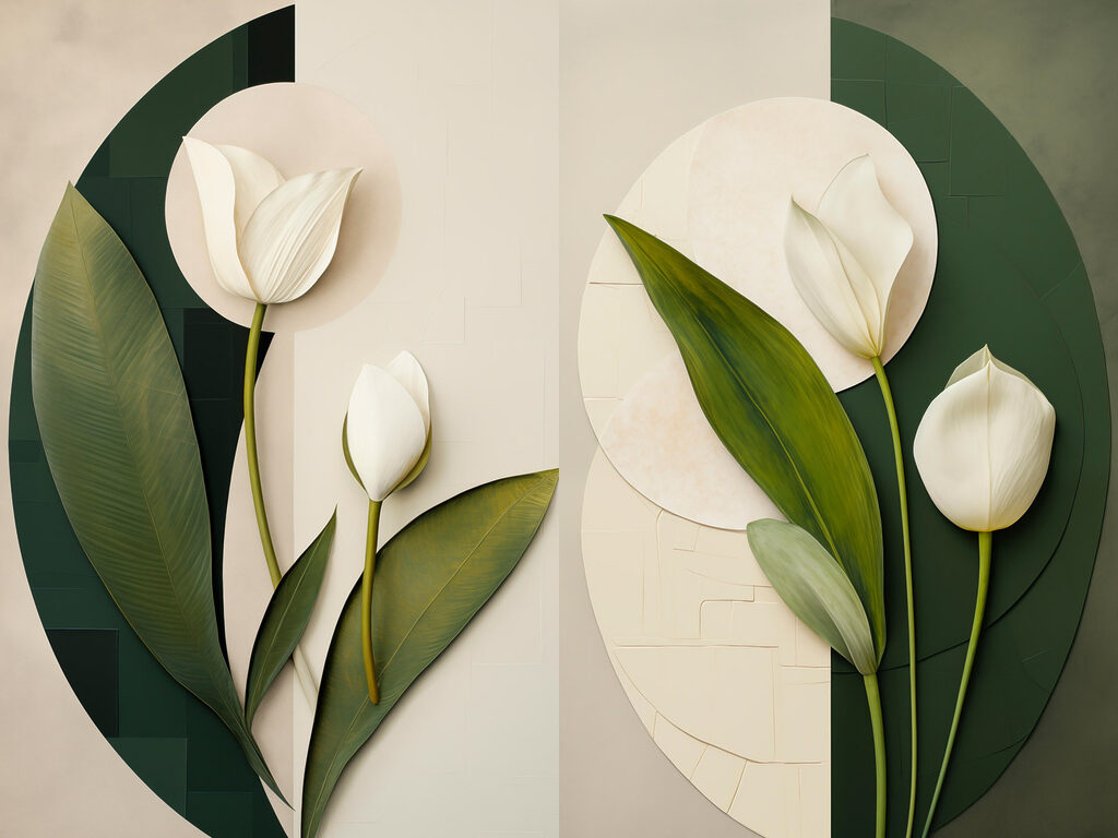 Collage of white flowers and green leaves Collage of white flowers and green leaves