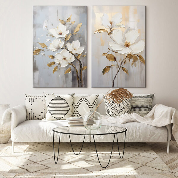 Two paintings of flowers on a gray background Two paintings of flowers on a gray background
