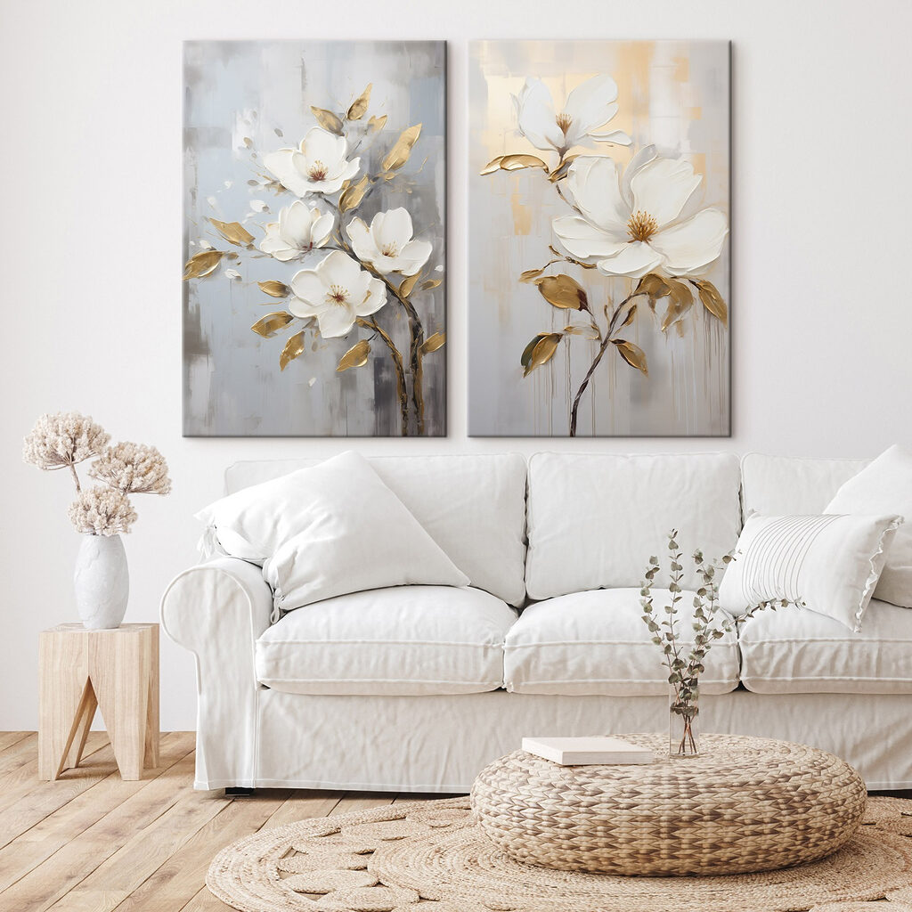 Two paintings of flowers on a gray background Two paintings of flowers on a gray background