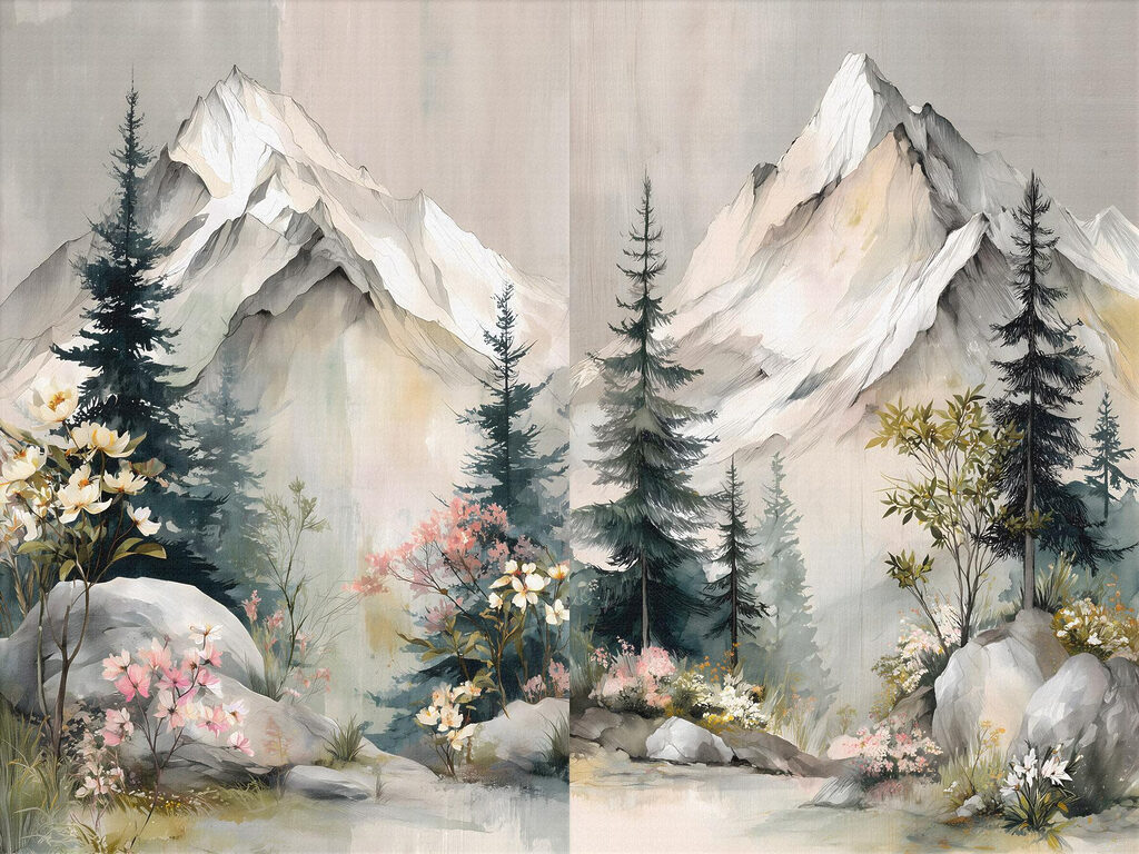 Painting of mountains and trees