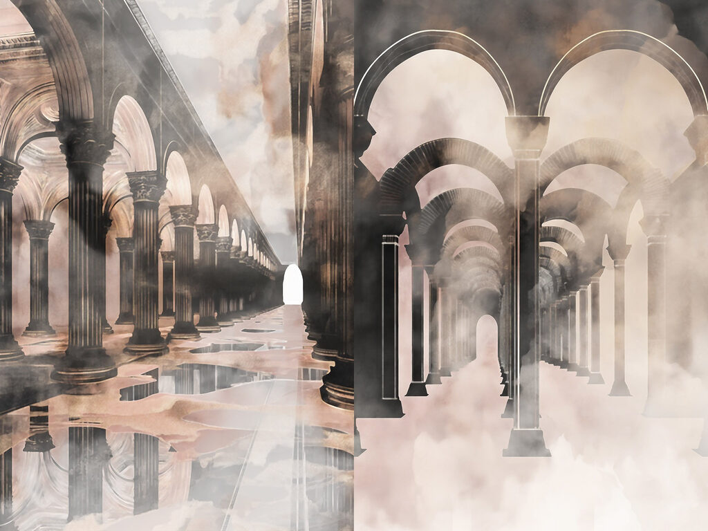 Collage of a hallway with columns and a puddle of water
