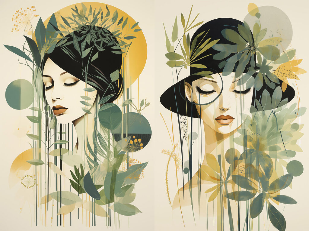 Two images of a woman with leaves
