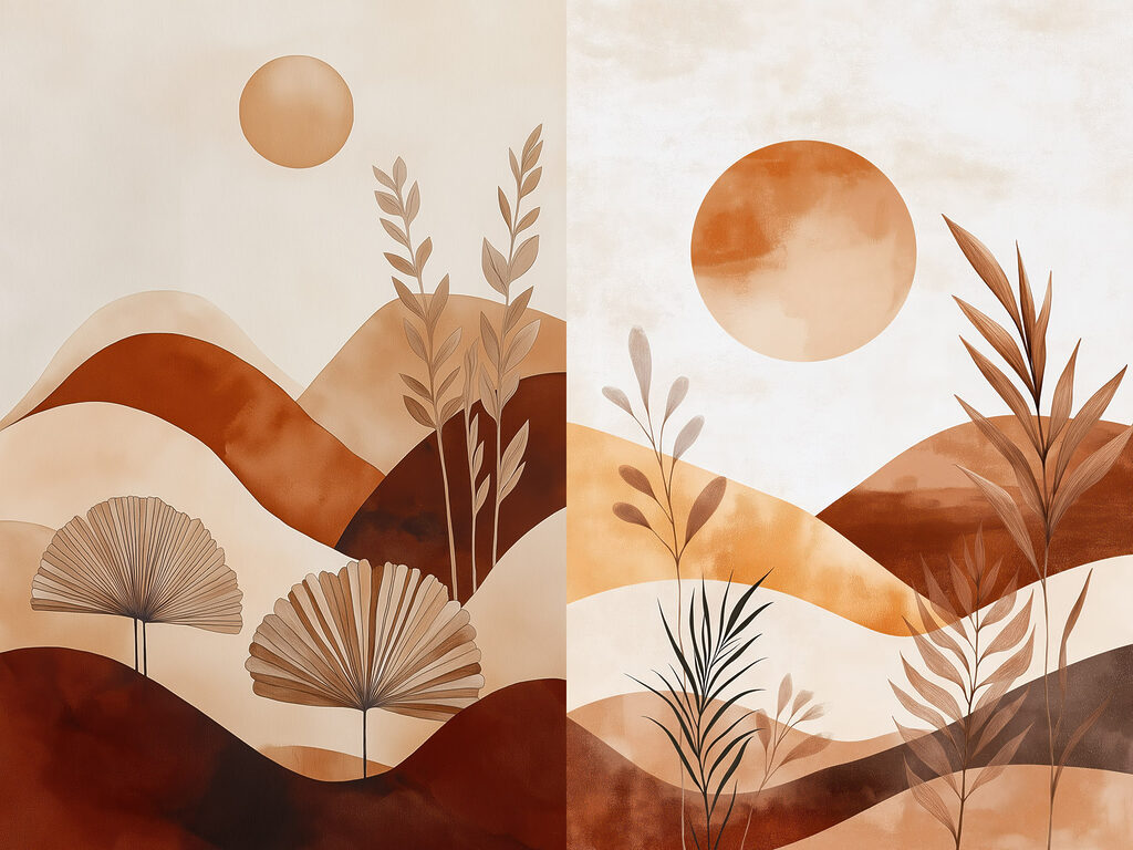 Painting of a landscape with plants and sun