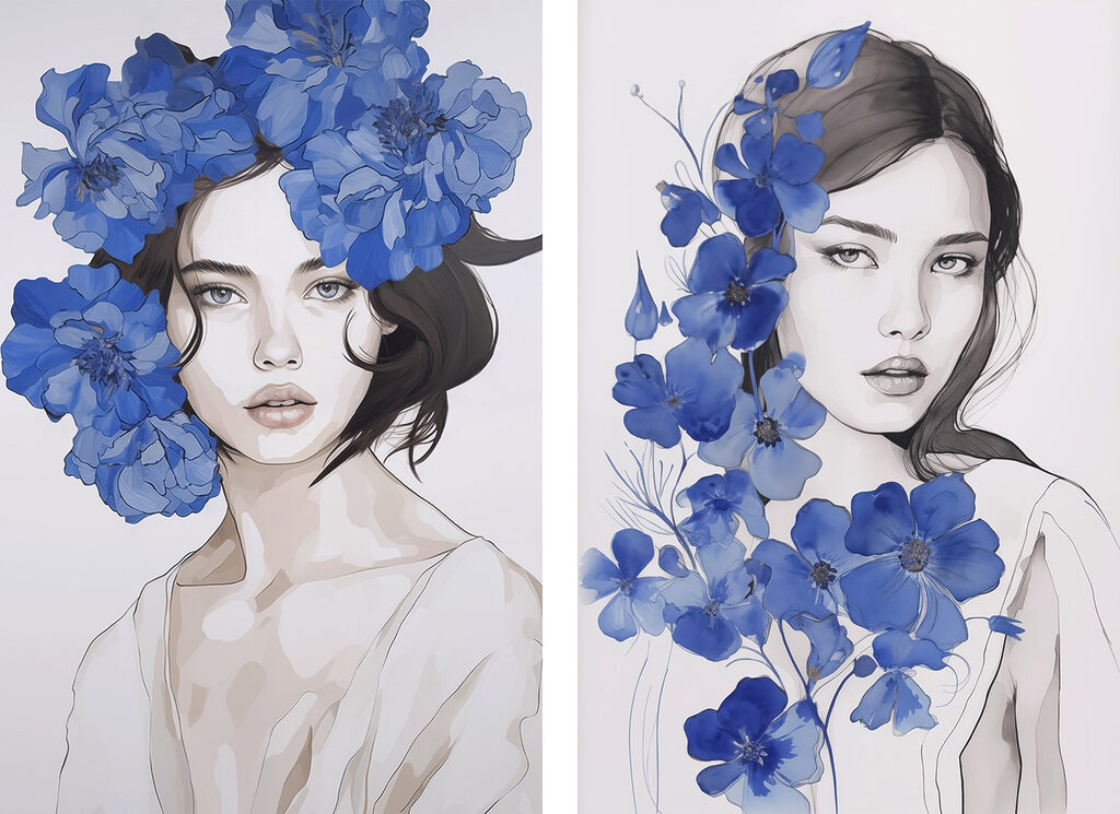 Collage of a woman with flowers on her head