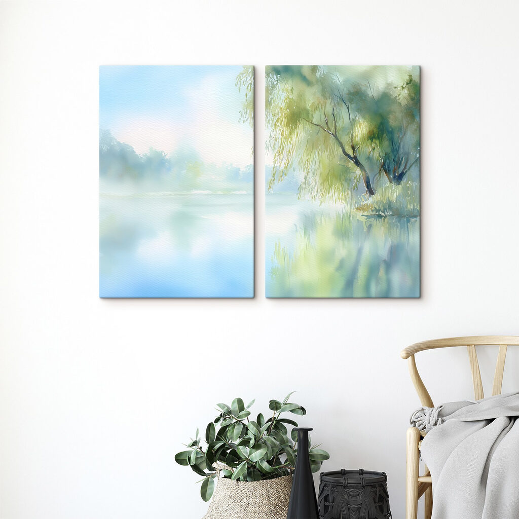 Watercolor painting of a tree and a lake Watercolor painting of a tree and a lake