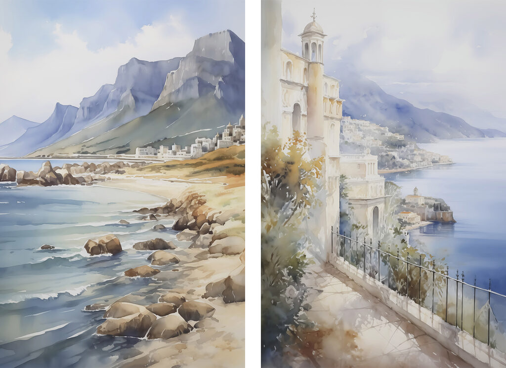 Watercolor painting of a city and a beach Watercolor painting of a city and a beach