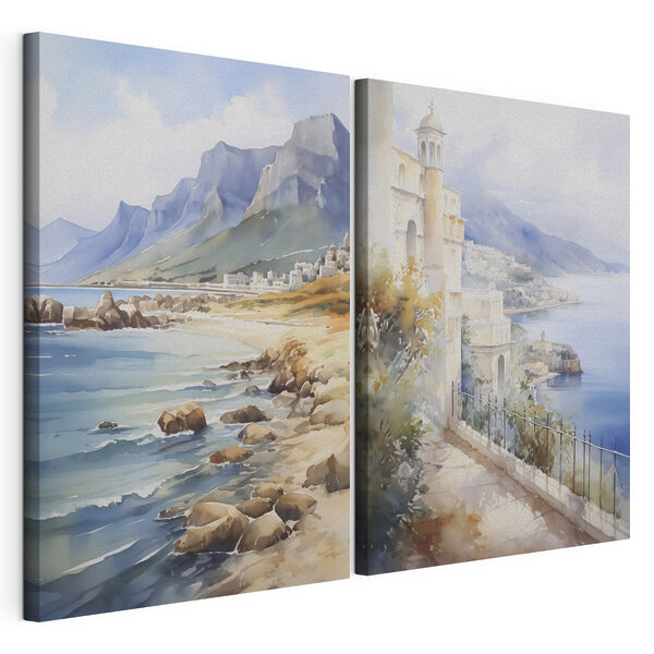 Watercolor painting of a city and a beach Watercolor painting of a city and a beach