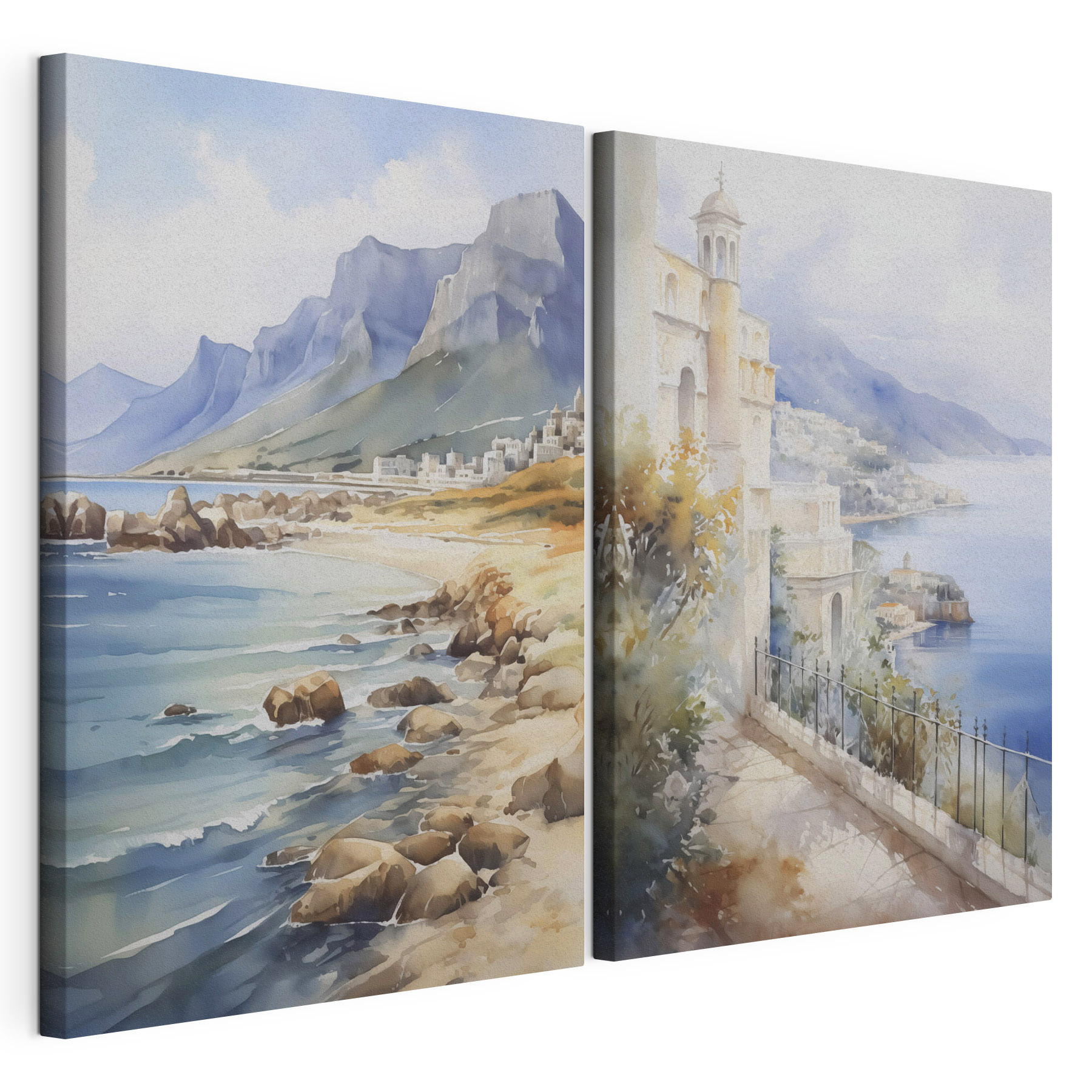 Watercolor painting of a city and a beach Watercolor painting of a city and a beach