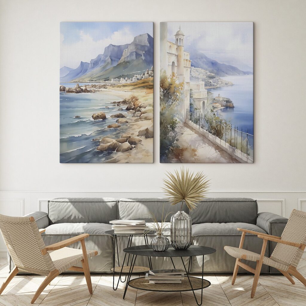 Watercolor painting of a city and a beach Watercolor painting of a city and a beach