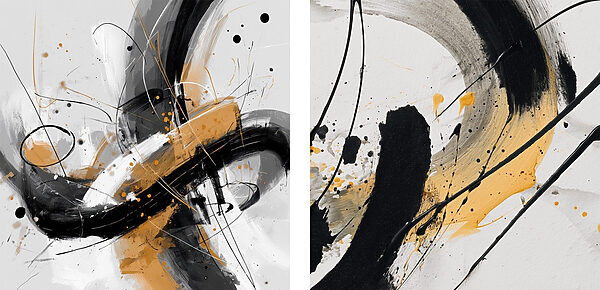 Two art pieces of black and yellow paint