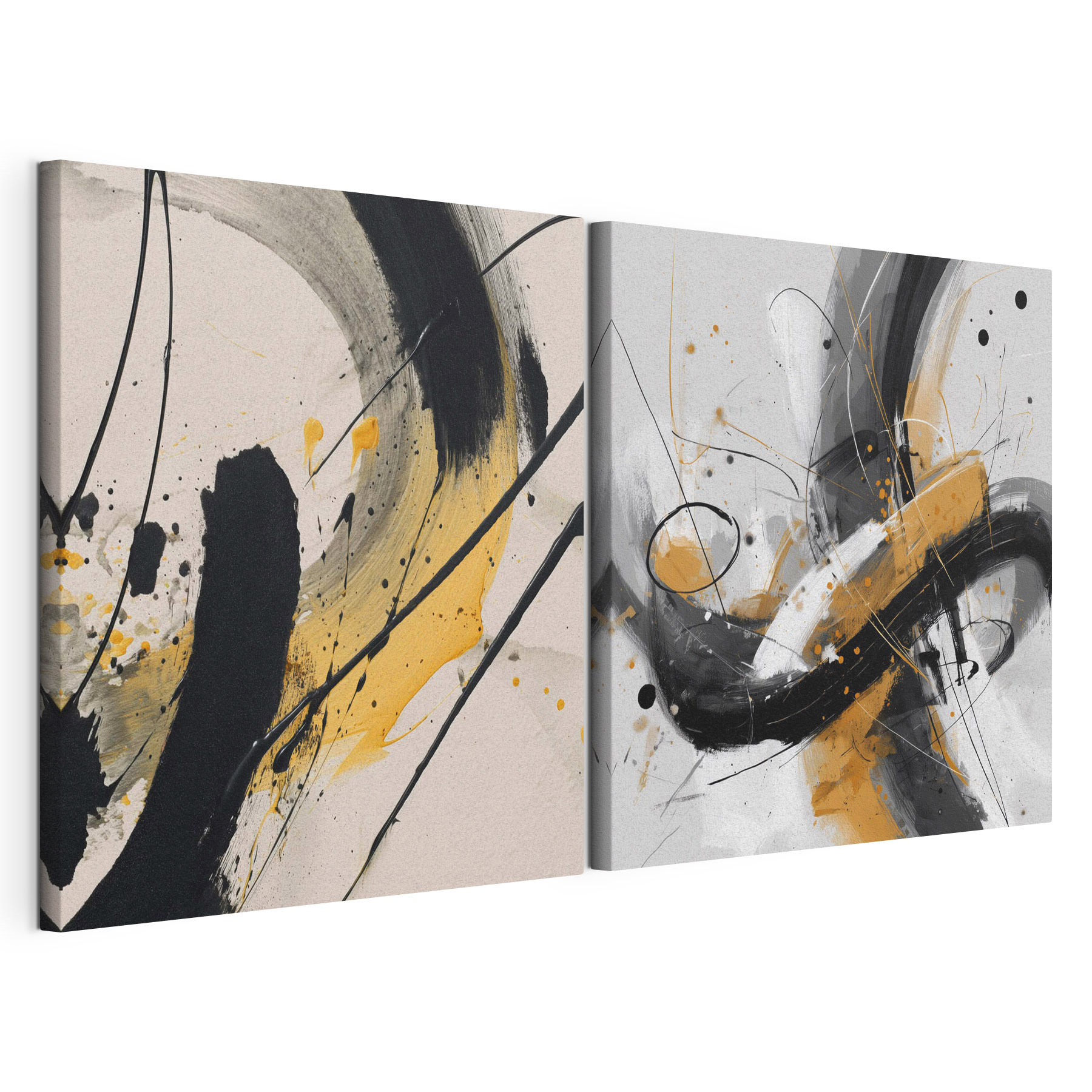 Two art pieces of black and yellow paint