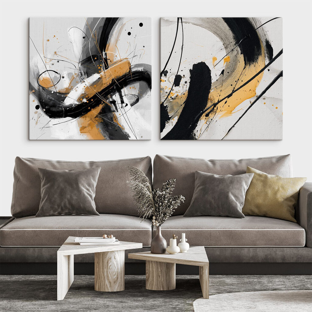 Two art pieces of black and yellow paint