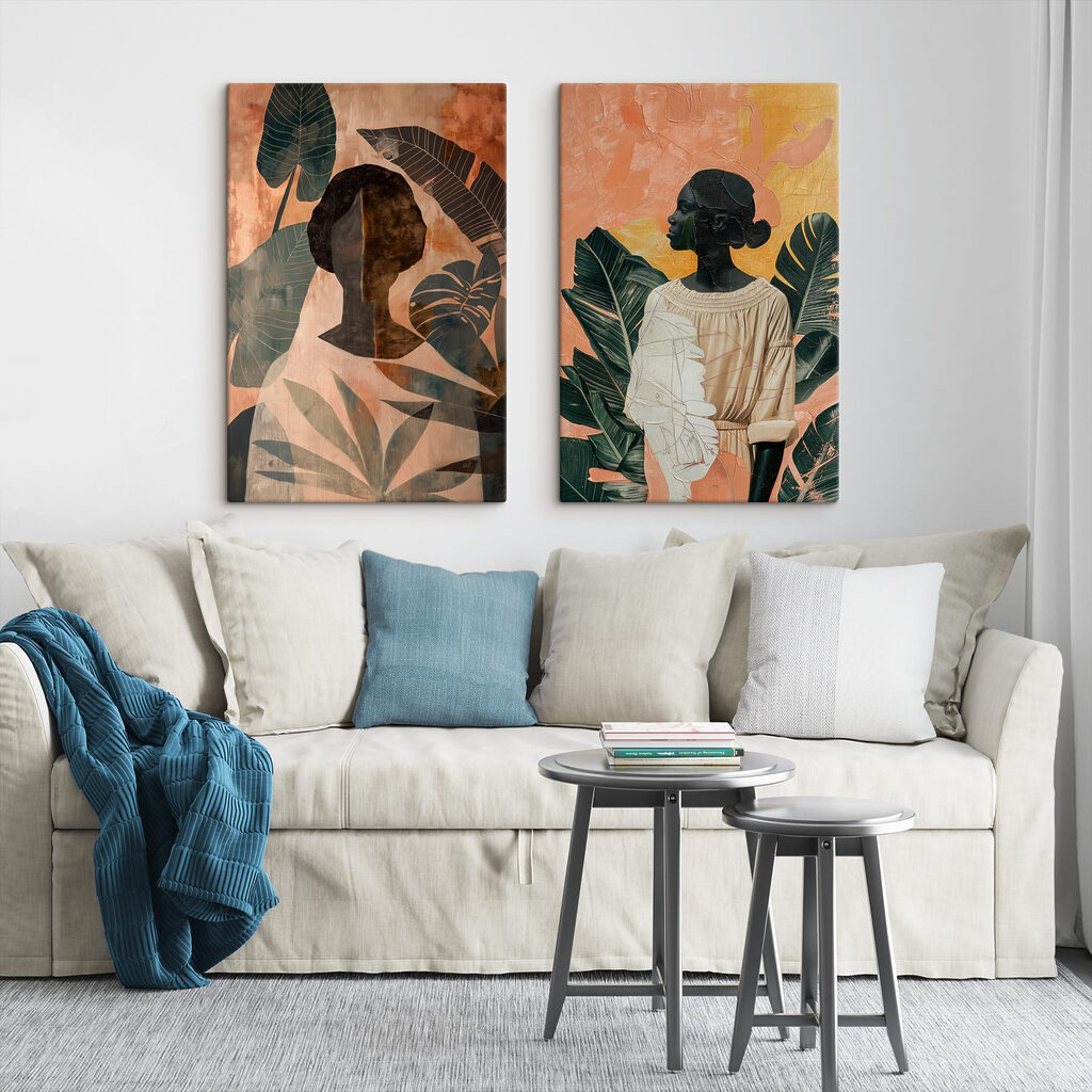 Collage of paintings of a woman and a woman with leaves