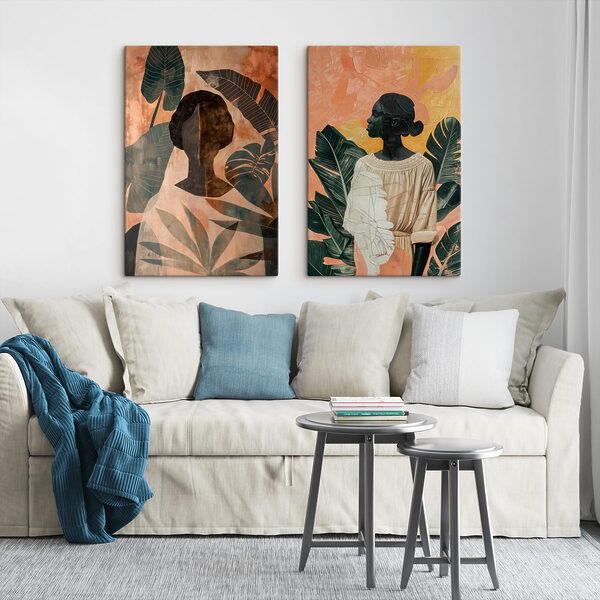 Collage of paintings of a woman and a woman with leaves